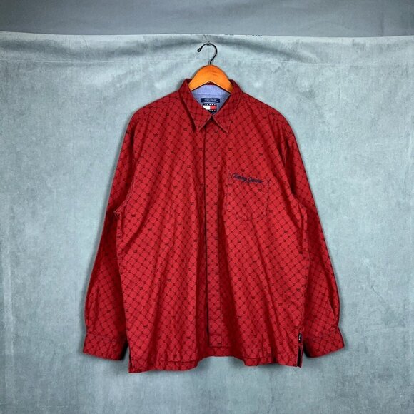 Y2K Tommy Jeans Shirt Mens XL Red Button Up Long Sleeve Logo - Picture 1 of 12